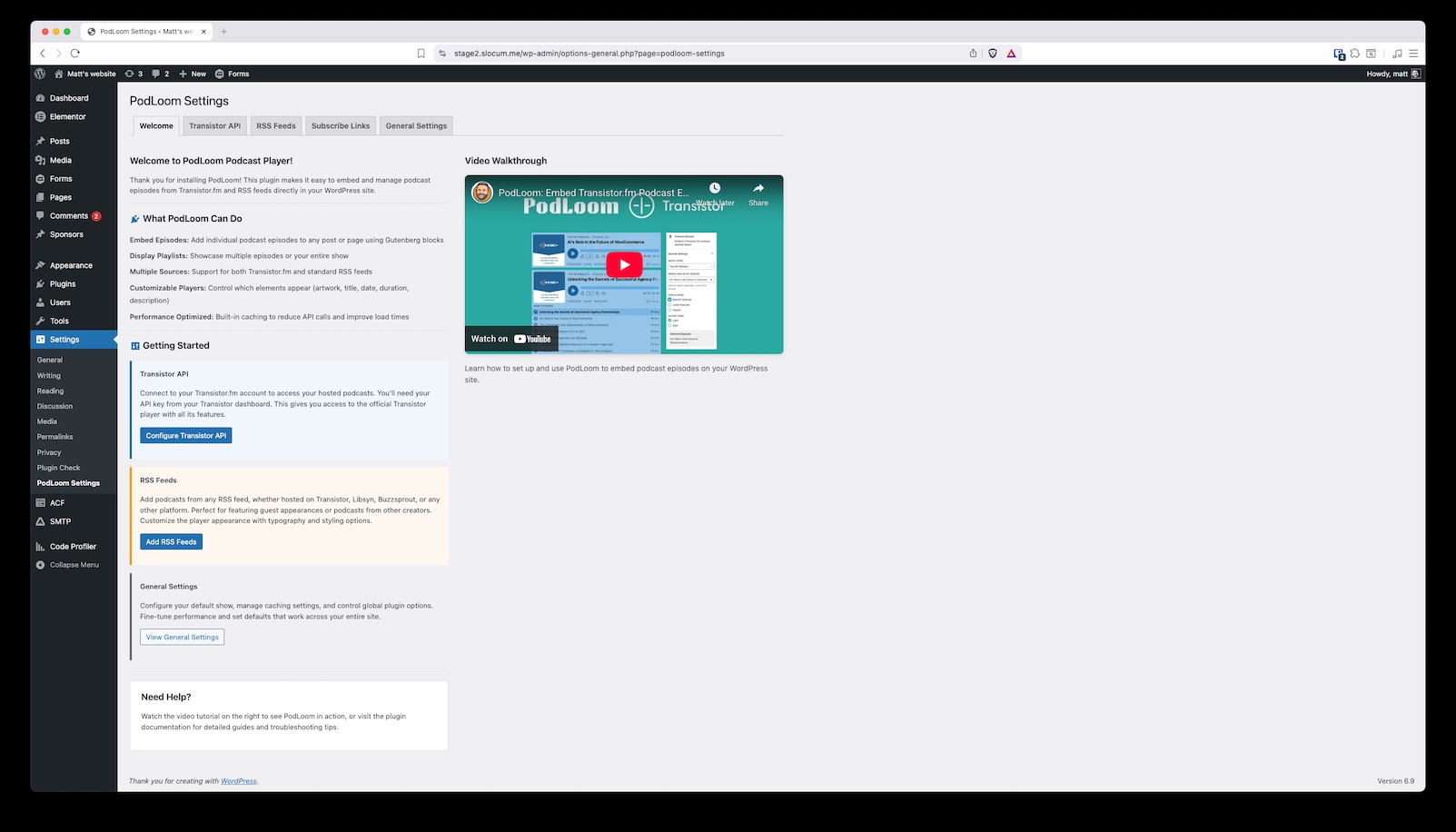 PodLoom dashboard in WordPress admin