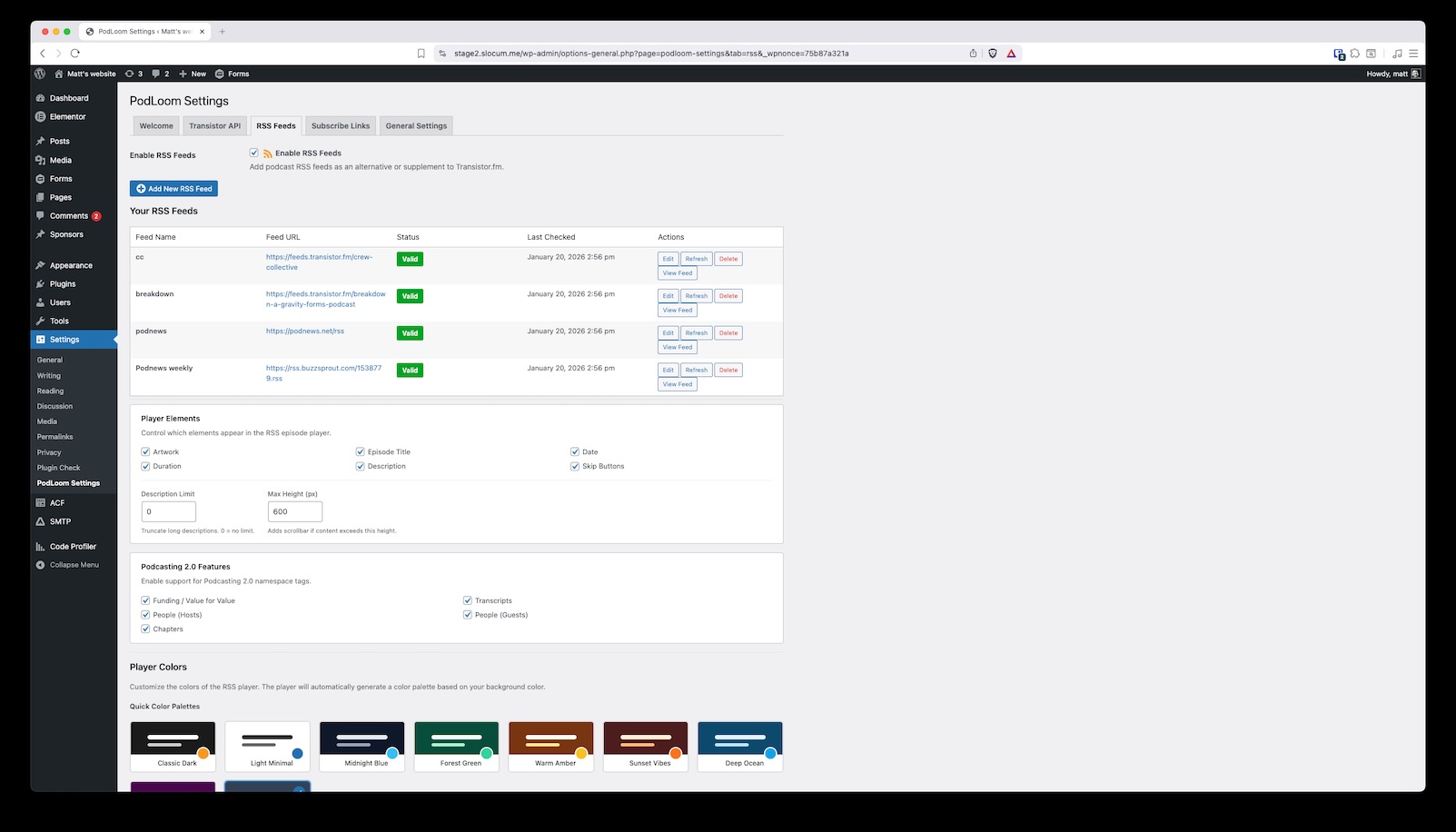 PodLoom RSS feed settings