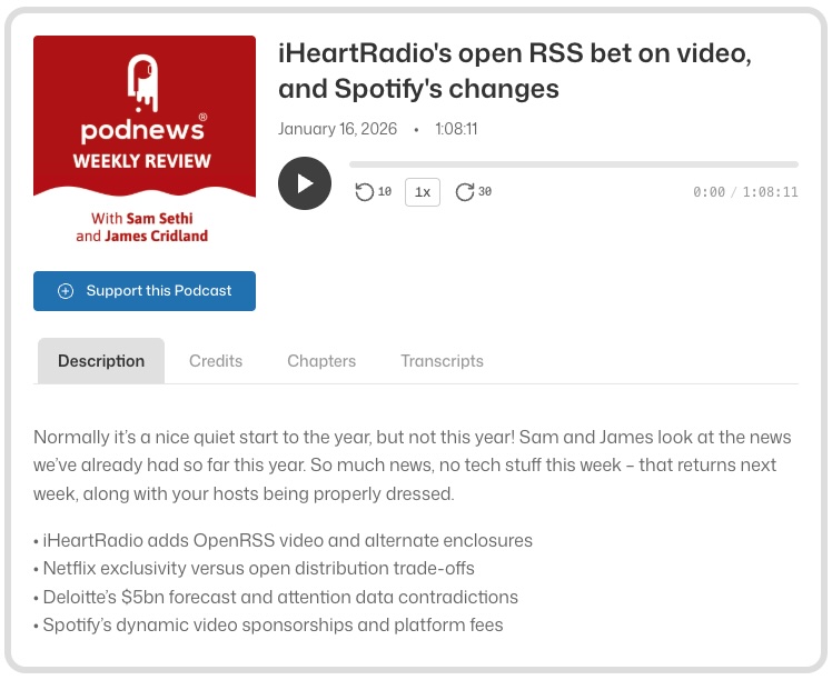 PodLoom single episode player with chapters, transcripts, and funding buttons
