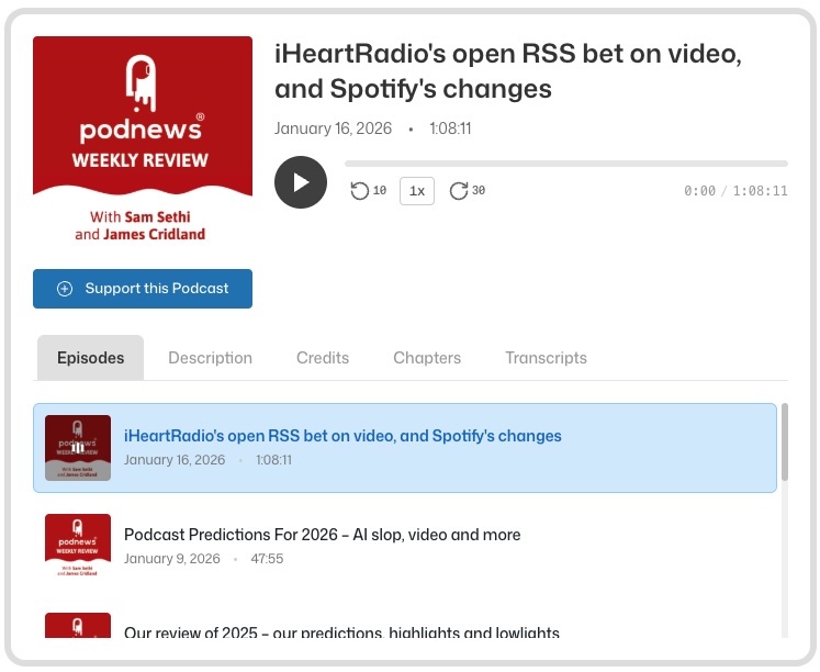 PodLoom playlist view showing multiple episodes
